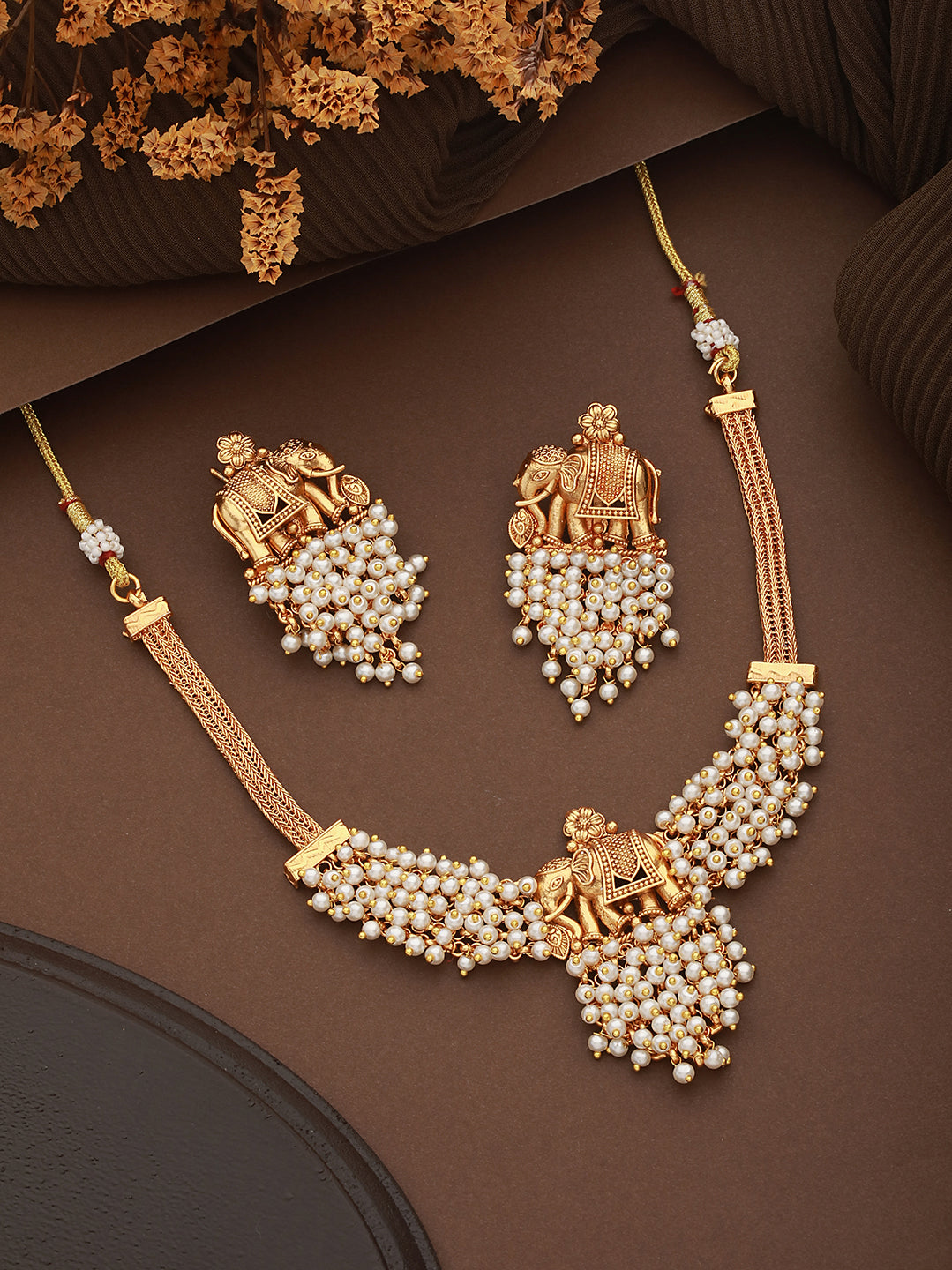 Gold Plated Elephant Motif Pearl Beaded Designer Earrings  Necklace Jewellery Set